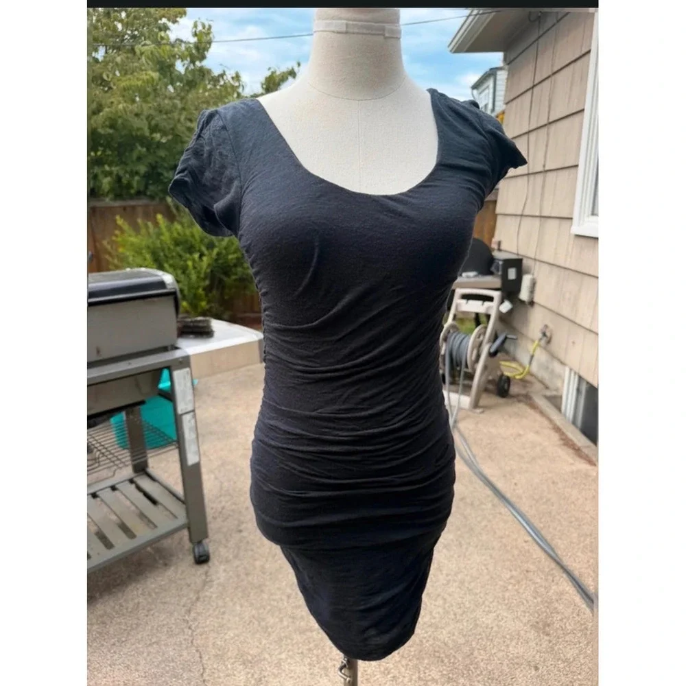 Free People Black Ruched Bodycon Mini Dress Scoop Neck Cap Sleeve XS